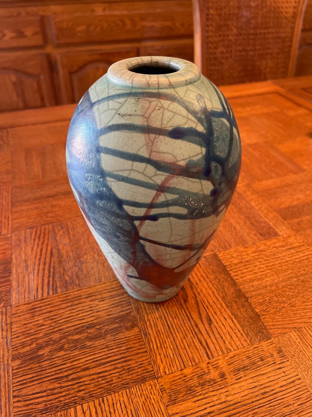 Alex Long 2k Signed Raku Studio Pottery Vase Teal Blue 9.5" Flawed As-Is